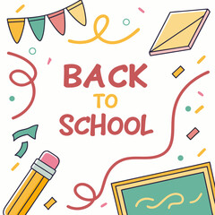 Back to school banner design with pencils, chalkboard, and confetti