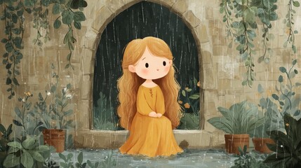 Young girl with long golden hair sitting in a stone alcove surrounded by lush plants while raindrops fall gently in a whimsical and serene illustration