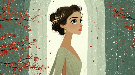Enchanting illustration of a young woman in soft attire standing against a backdrop of ornate architecture and blooming flowers, evoking a sense of wonder
