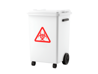 White plastic medical waste bin with wheels and a biohazard sticker isolated on a transparent background