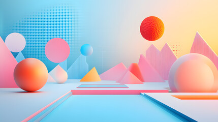 Abstract 3D Scene with Spheres and Geometric Shapes in Pastel Colors
