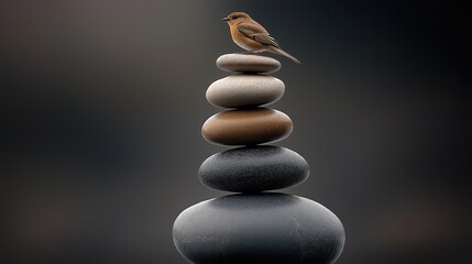 Fototapeta premium Bird resting on stacked stones outdoors