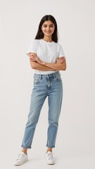 Full length of confident Pakistani teenage girl smiling in a casual outfit in a white tshirt and jeans standing with her arm and leg crossed on plain white background