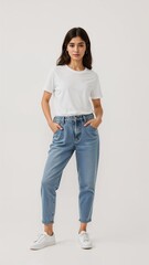 Full length of confident Thai woman smiling in a casual outfit in a white tshirt and jeans standing with her arm and leg crossed on plain white background