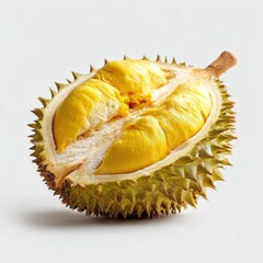 Obraz premium Fresh Durian Fruit Cut Open Showing Yellow Flesh and Spiky Exterior A Close Up Studio Shot of Tropical Durian