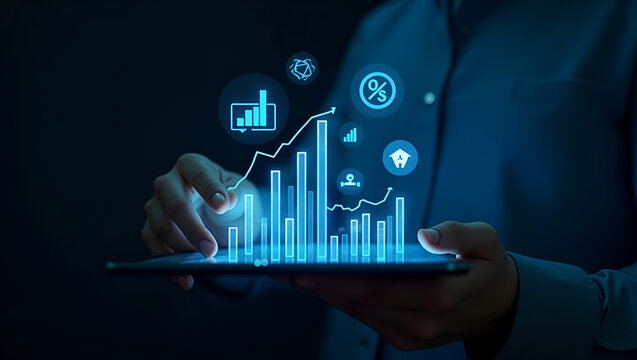 Businessman with digital tablet shows global business growth on a virtual touch screen