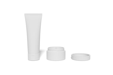 Blank cosmetic products containers realistic vector illustration set. Tube and jar packages 3d objects on white background