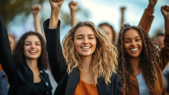 Group of women raising their fists in a gesture of unity and empowerment.