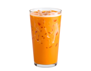 Iced beverage with vibrant orange hue featuring milk and ice