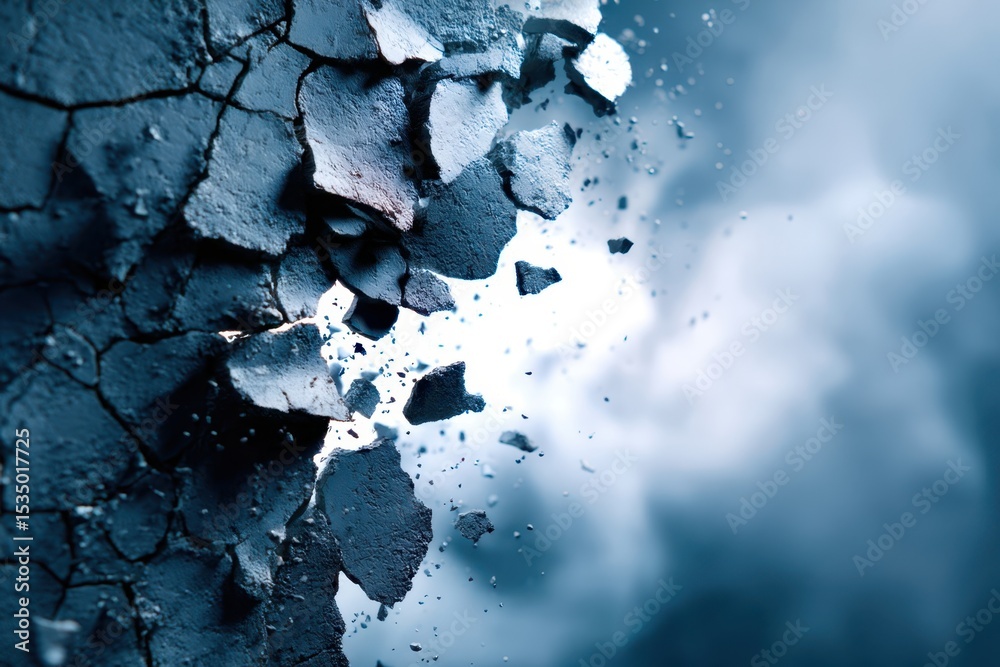 Poster A wall with a large hole in it and a cloud in the background