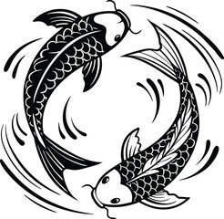 Two koi fish swimming in circular motion black and white illustration