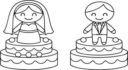 Bride and Groom on Wedding Cake Minimal Flat Vector for Celebration Design