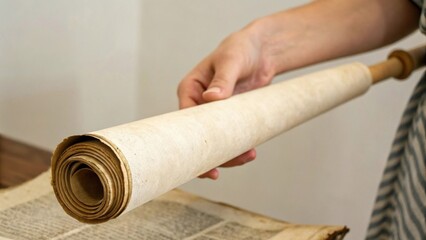 Fototapeta premium Ancient scroll being held, showcasing historical writing.