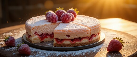  Photorealistic Strawberry Cheesecake Bathed in Golden Light with Dusting of Powdered Sugar on Wood Surface