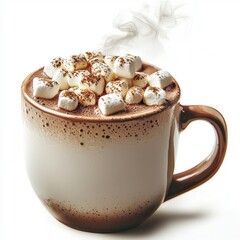 Warm creamy hot chocolate coffee with hmallows topped with cocoa powder steaming in a brown ceramic mug on a white background