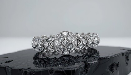 Onyx Embrace Art Deco Diamond Bracelet Showcased Against a Rich Black Onyx Slab in a Minimalist Setting