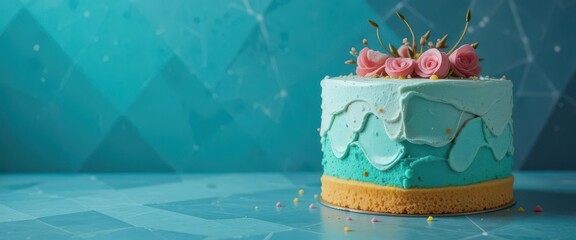  Sponge cake shot angled on a geometric teal background for the creation of layered cake in a modern aesthetic style