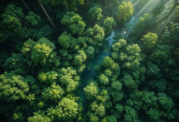  Emerald Canopy Rainforest View, Dense Greenery, Sunlight Streaks, Tropical Paradise, Rich Texture