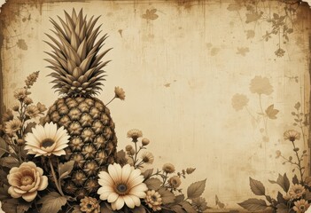  Retro Pineapple Bloom Aged Pineapple Background with Vintage Floral Elements, Nostalgic Design, Warm Sepia Color Palette, Time