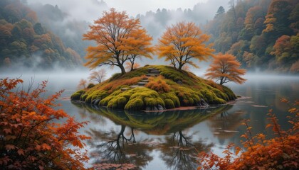  Fall Foliage on a Mossy Retreat Autumnal Hues Enhance the Charm of a Small Island, Reflecting the Beauty of the Changing Season.