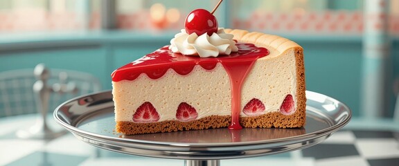  Retro Style Illustration of Strawberry Cheesecake with Whipped Cream Cherry on Chrome Plated Stand