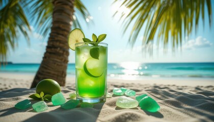  Serene Beach Getaway Invigorating Mojito, Sea Glass Treasures, and Lush Palm Fronds under a Bright Sun.