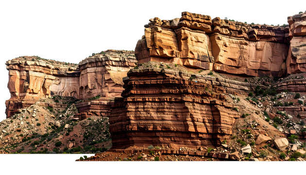 Rugged rock formations in a desert landscape with layered cliffs and vegetation