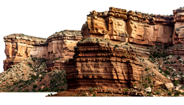 Rugged rock formations in a desert landscape with layered cliffs and vegetation