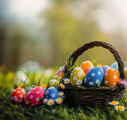 Colorful Easter Egg Basket in Lush Green Outdoor Setting