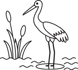 White Stork Standing Beside Pond Editable Flat Vector for Nature Scenes