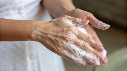 Washing hands with soap, promoting hygiene and cleanliness.