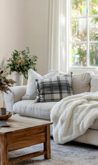 Serene living room ambiance captured with soft hues natural light and inviting textures showcasing tranquility and comfort
