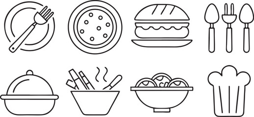 Food Icons with Plate Fork Burger and Pasta Solid Black Unified Vector Set