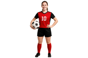 Smiling young female soccer player holding ball in red uniform, isolated on transparent background