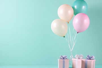 Pastel balloons and gift boxes against a light blue background, perfect for birthday, celebration, or festive greeting designs