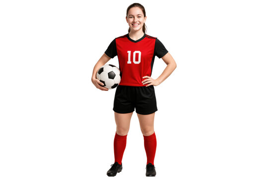 Smiling young female soccer player holding ball in red uniform, isolated on transparent background