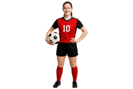 Smiling young female soccer player holding ball in red uniform, isolated on transparent background