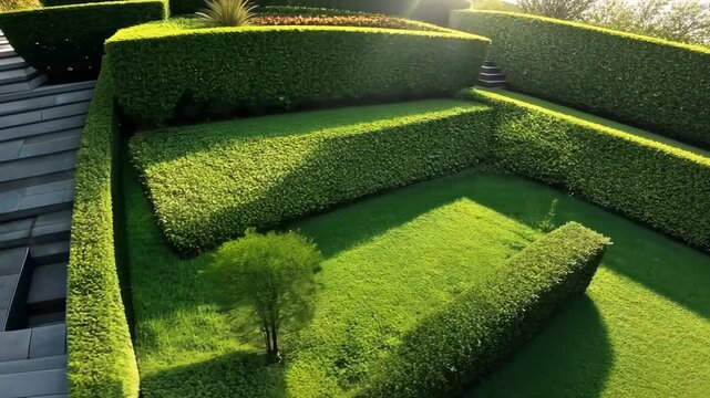 Generative 4k video. A well-maintained garden with neatly trimmed hedges and a small tree. The scene features a modern stone pathway leading to the lush green lawn.