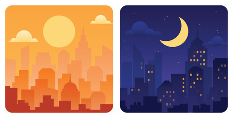 City Day and Night Vector Set – Urban Skyline Flat Illustration