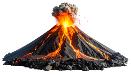 Volcanic eruption with flowing lava and smoke in dramatic landscape