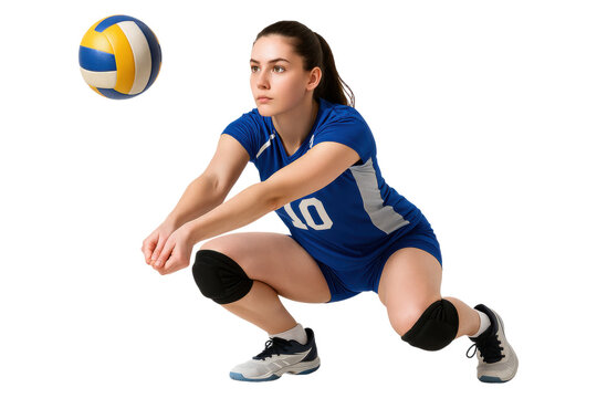 PNG Focused young female volleyball player receiving serve wearing blue uniform