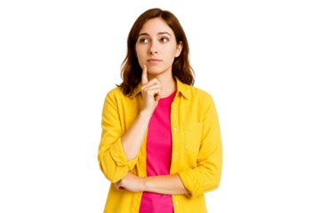 Thoughtful woman with hand on chin wearing yellow shirt and pink top, isolated on transparent background