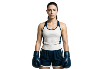Serious young female boxer wearing blue boxing gloves and sportswear, isolated on transparent background