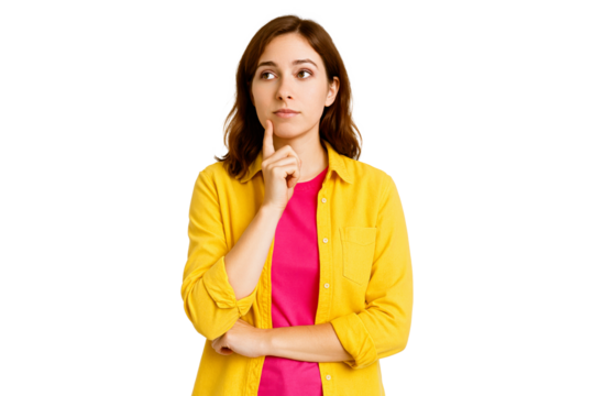 Thoughtful woman with hand on chin wearing yellow shirt and pink top, isolated on transparent background