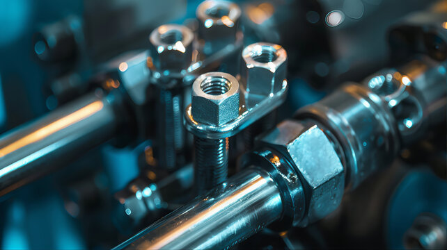 Close up of a Torque pipe wrench assemble Threaded Valve Joint. Close up of an industrial machine. Industrial pipes and valves. Close up view of a metal gears with wrench, nuts and  bolts