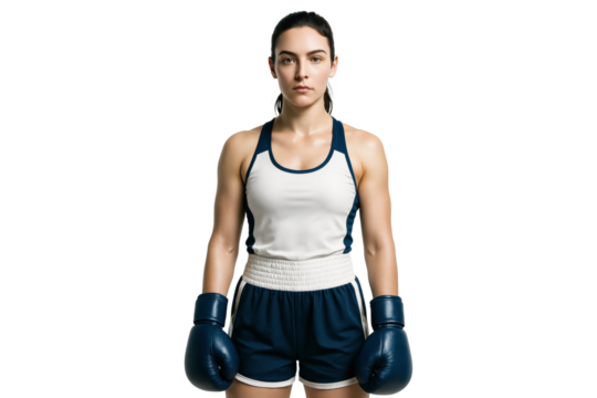 Serious young female boxer wearing blue boxing gloves and sportswear, isolated on transparent background