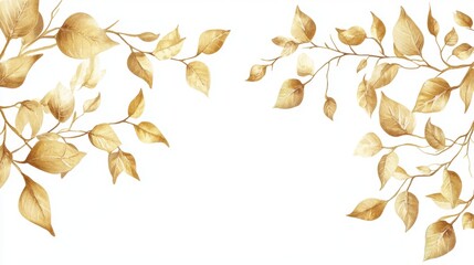 Golden autumn leaves watercolor painting on white background.