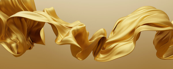 Luxury gold fabric on golden background silk flying 3D render