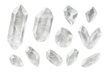 Naklejka premium White quartz crystals of various shapes floating on a transparent background, creating a mystical and ethereal atmosphere