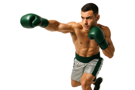 Focused male boxer punching forward wearing green boxing gloves, isolated on transparent background